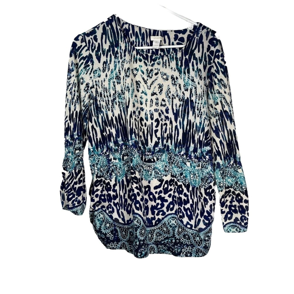Chicos sz 2 L Animal Print Abstract Knit Sweater Ice Blue Tones
